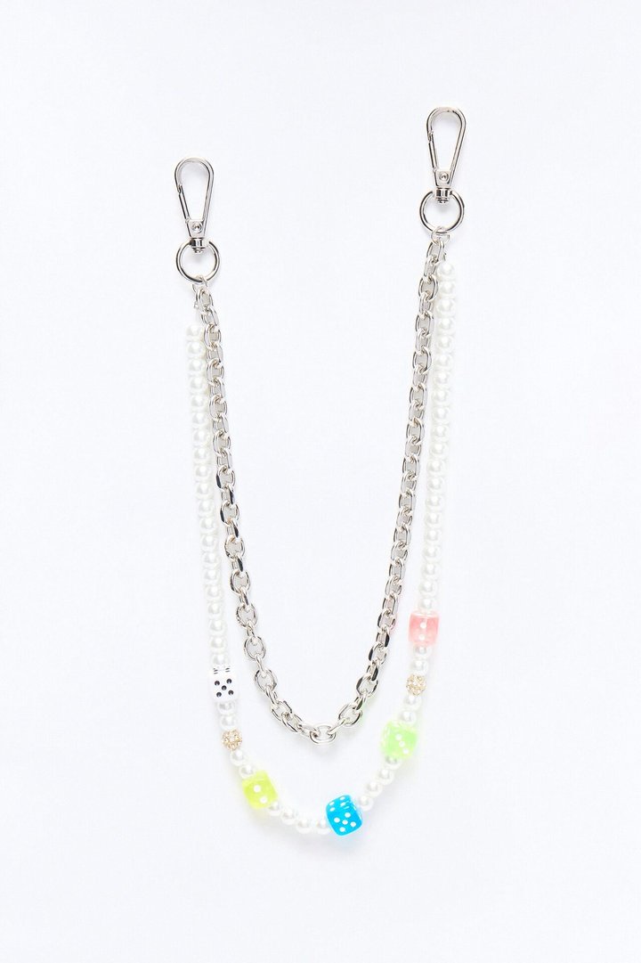 Colored Dice Pearl Stacked Pant Chain - Silver