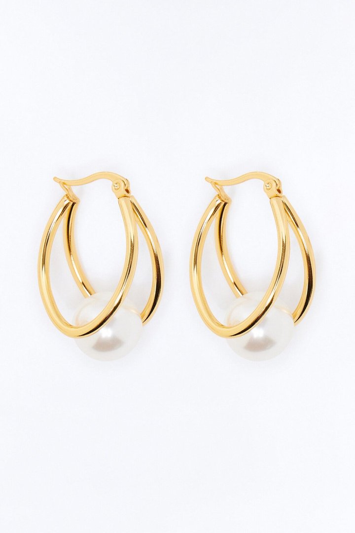 Pearl Drop Hoop Earrings - Gold