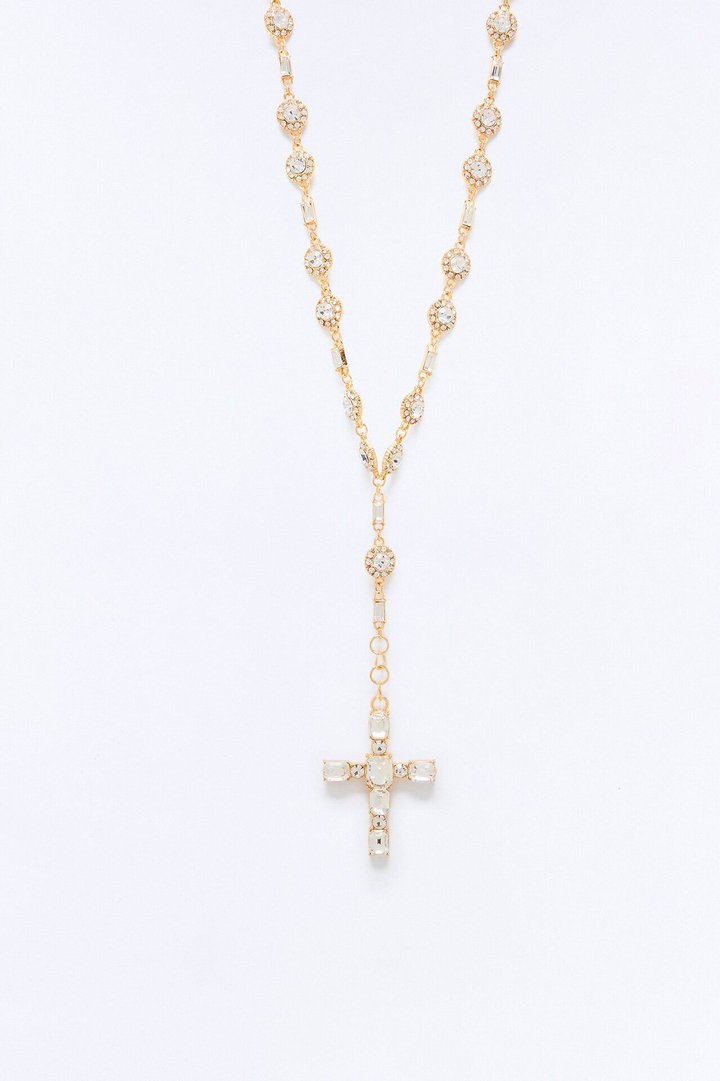 Icy Praise Rhinestone Lariat Necklace - Gold