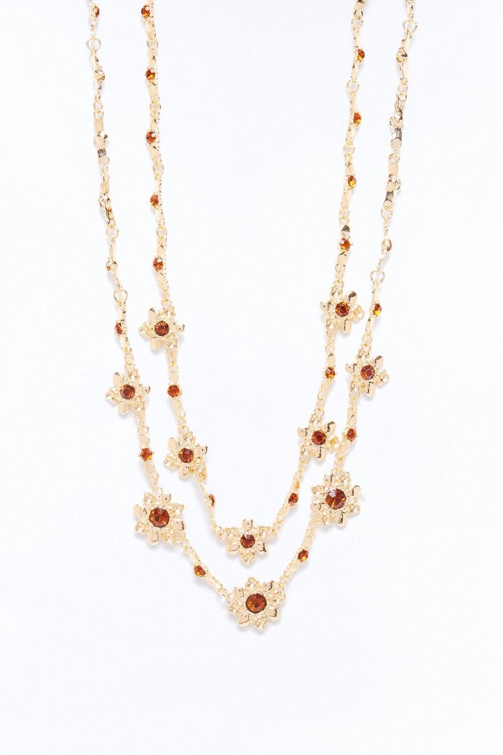 Tiny Treasures Rhinestone Layered Necklace - Gold/Brown