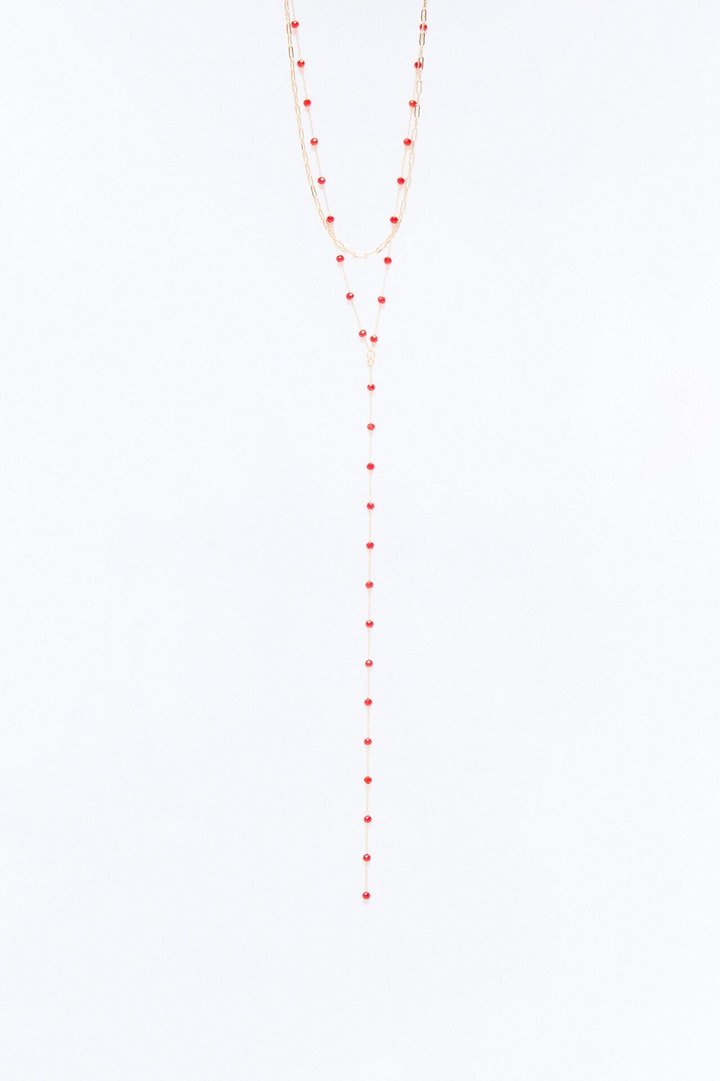 Iris Beaded Lariat Necklace - Gold/Red