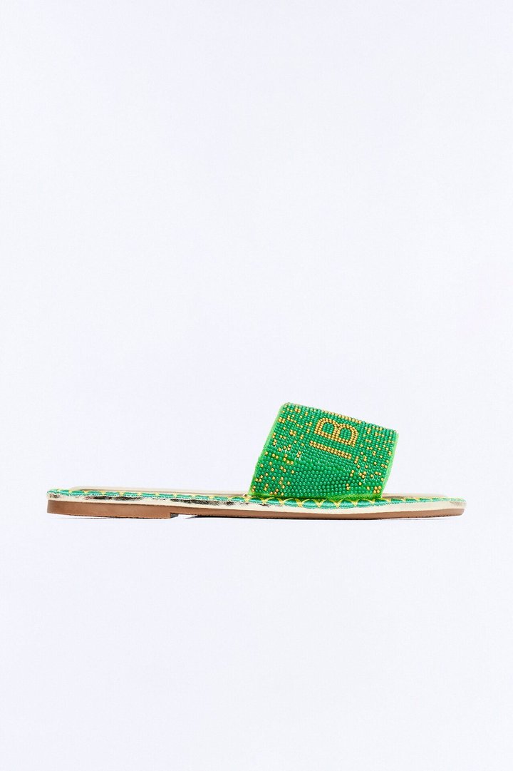 Ibiza Beaded Slip On Sandals - Green