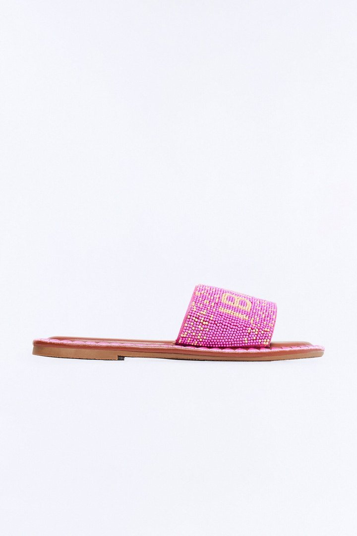 Ibiza Beaded Slip On Sandals - HotPink
