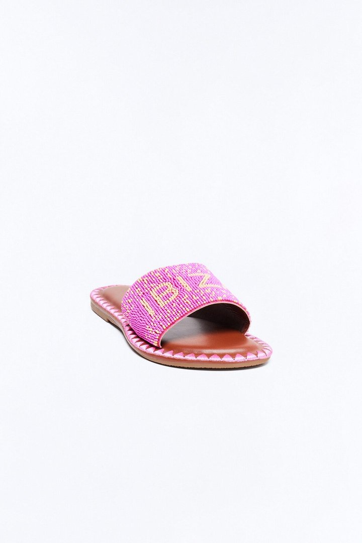 Ibiza Beaded Slip On Sandals - HotPink