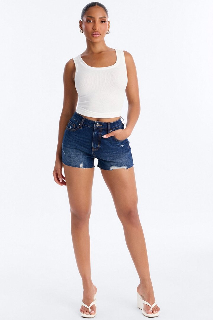 Crashing Out Ripped Cut Off Denim Shorts - Dark Wash