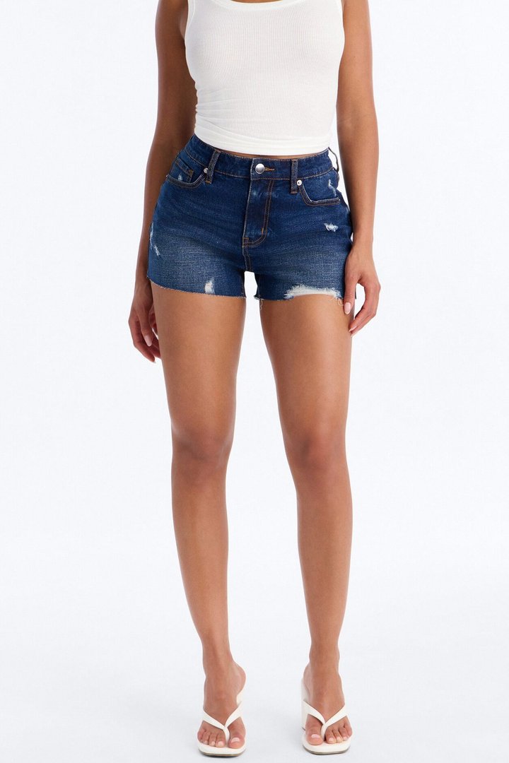 Crashing Out Ripped Cut Off Denim Shorts - Dark Wash