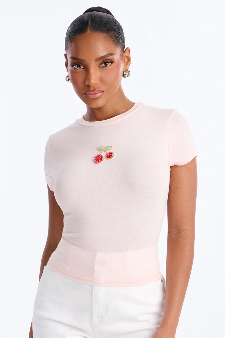 Cherry Embellished Baby Tee - Light Pink