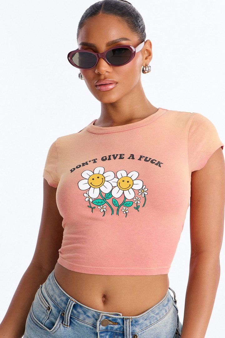 Don't Give A Fuck Washed Baby Tee - Peach