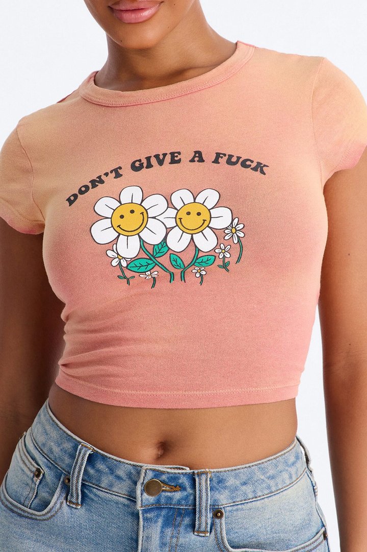 Don't Give A Fuck Washed Baby Tee - Peach