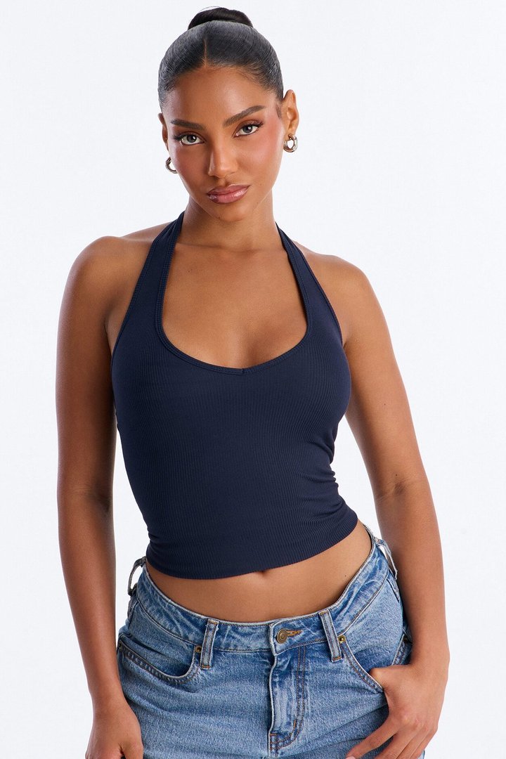 Holly Built In Bra Cup Halter Top - Navy