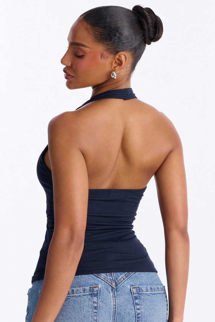 Holly Built In Bra Cup Halter Top - Navy