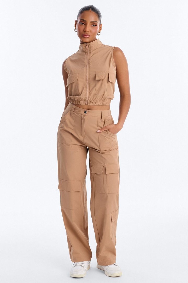 Nessa Nylon Cargo Sleeveless Vest Pant Set - Tan