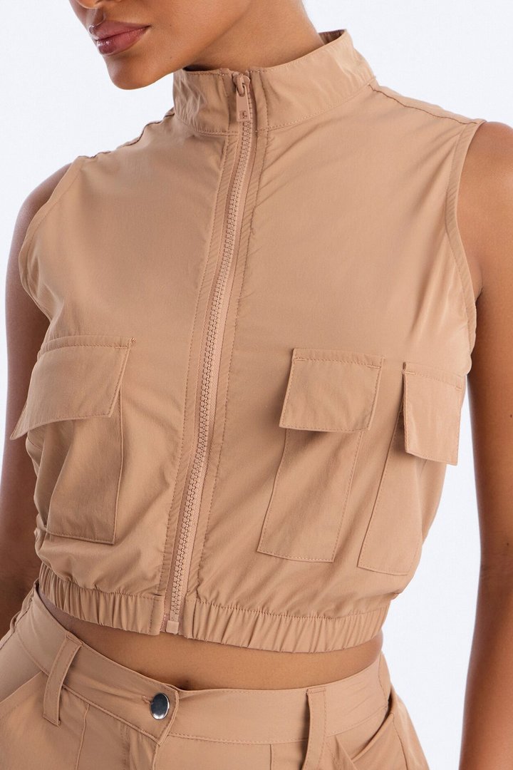 Nessa Nylon Cargo Sleeveless Vest Pant Set - Tan