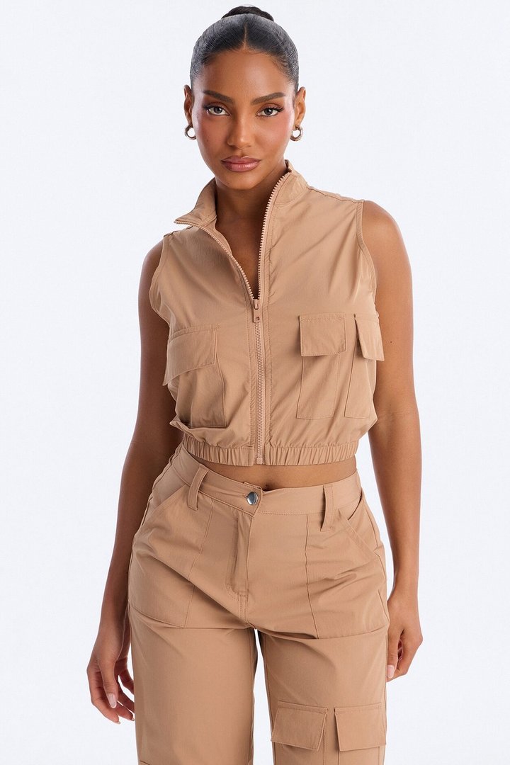 Nessa Nylon Cargo Sleeveless Vest Pant Set - Tan