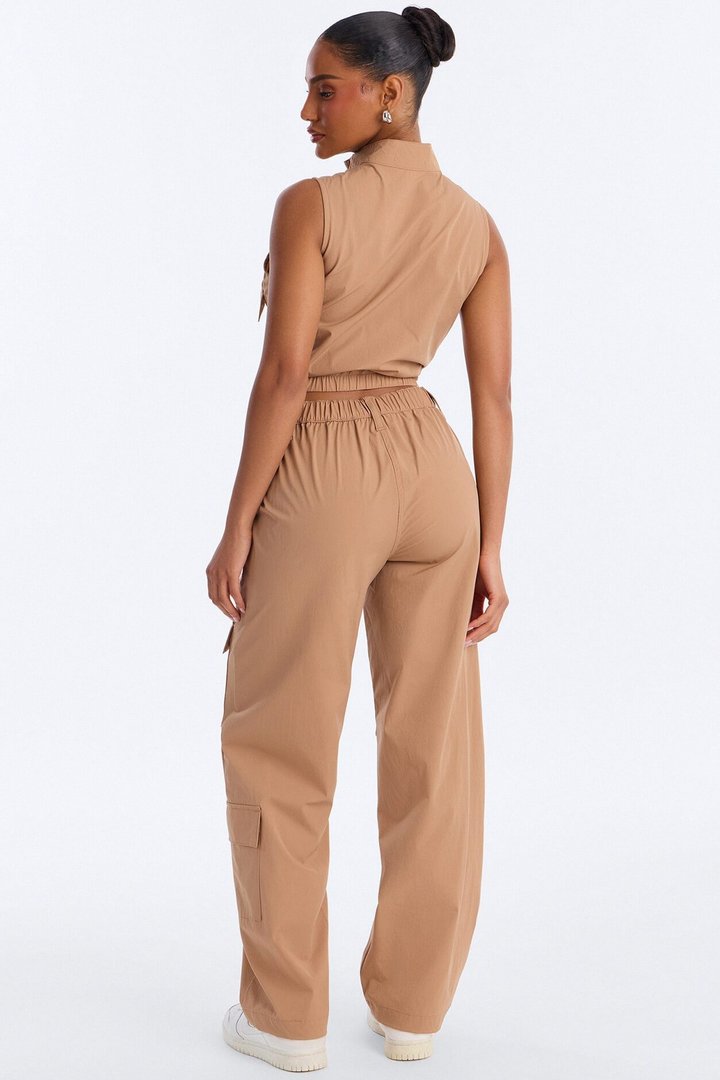 Nessa Nylon Cargo Sleeveless Vest Pant Set - Tan