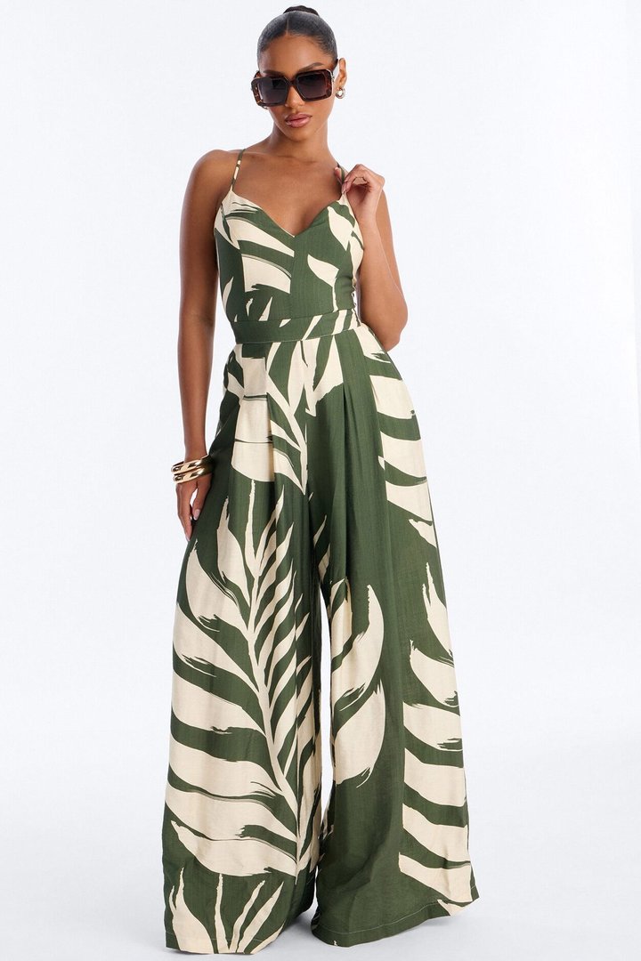 Tanya Tropical Wide Leg Jumpsuit - Green