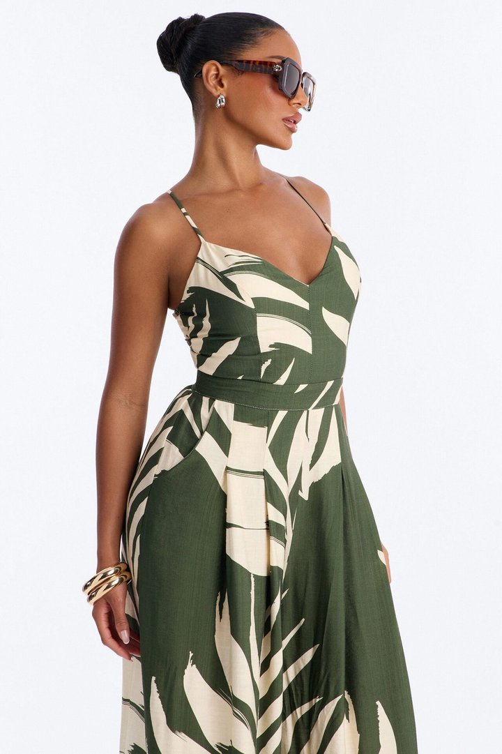 Tanya Tropical Wide Leg Jumpsuit - Green