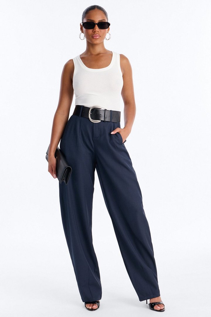 Rebecca Belted Barrel Trouser Pants - Navy