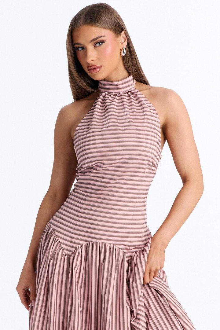 Clara Pleated Striped Midi Dress - Pink/combo