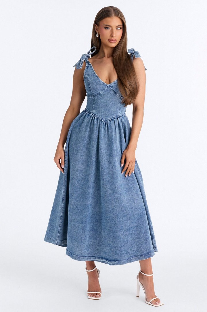 Candace Pleated Denim Midi Dress - Denim