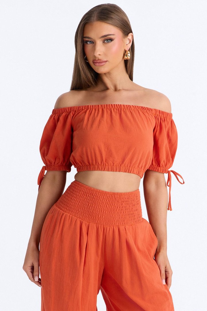 Chrissie Linen Smocked Pant Set - Orange