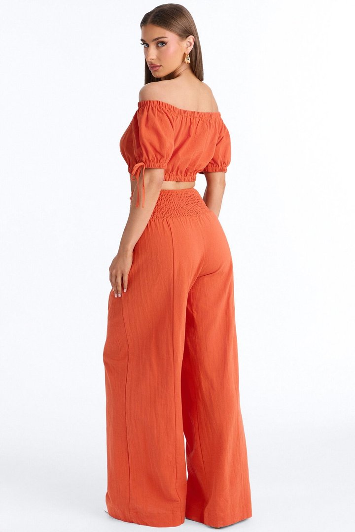 Chrissie Linen Smocked Pant Set - Orange