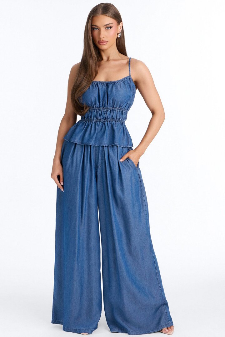 Bree Ruched Chambray Pant Set - Dark Wash