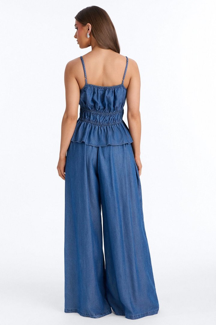 Bree Ruched Chambray Pant Set - Dark Wash