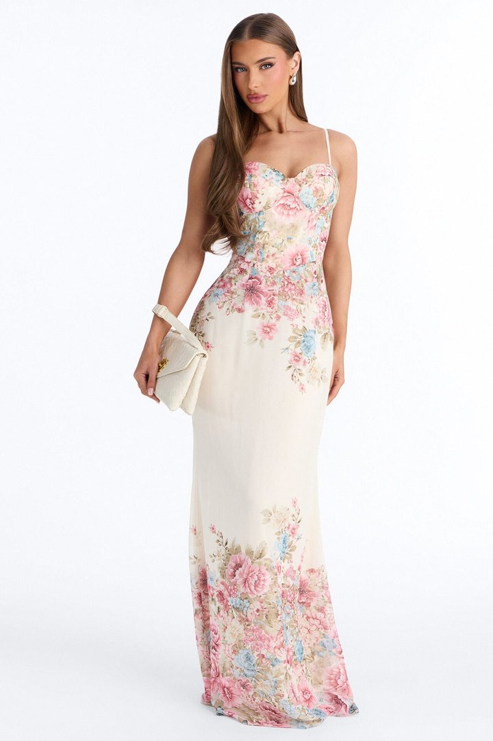 Vintage Floral Chiffon Gown - Cream/combo