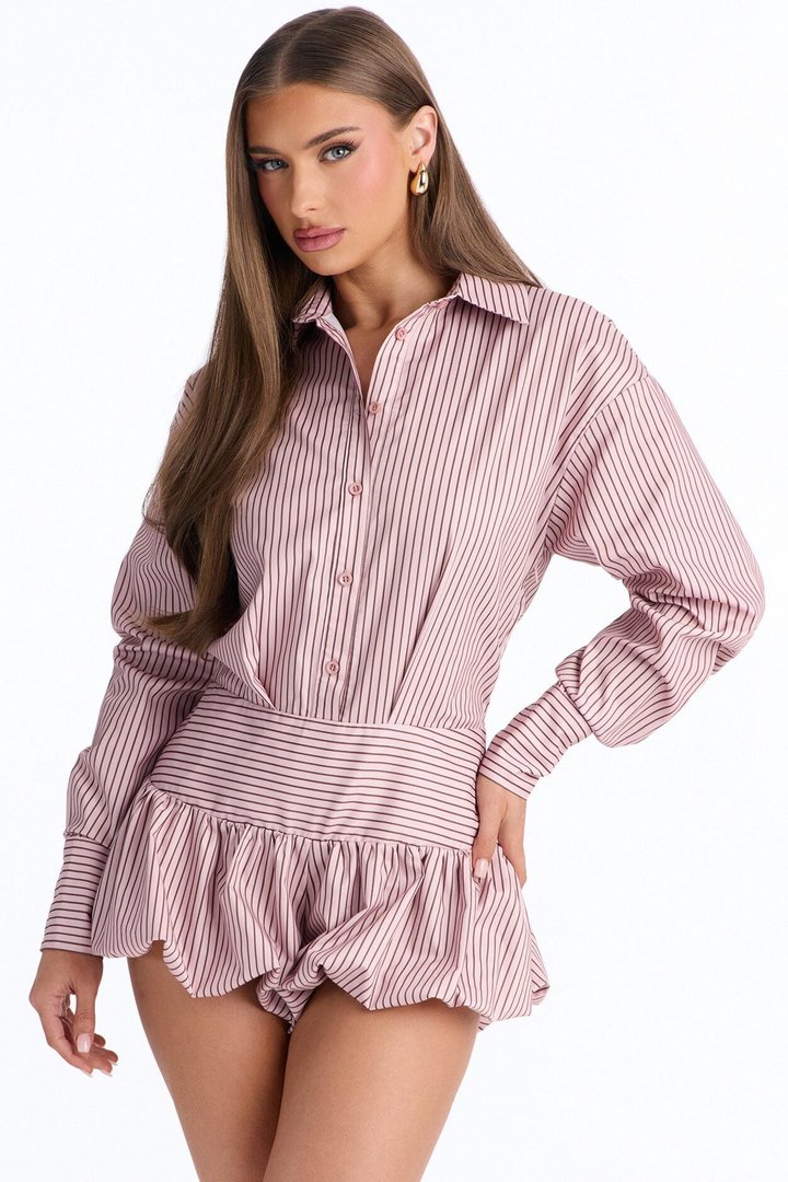 Summer Pinstripe Poplin Rompers - Pink