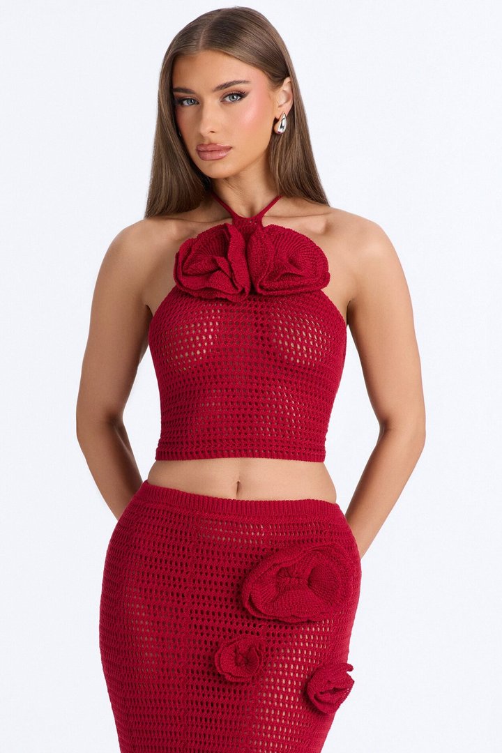 Sadie Floral Crochet Maxi Skirt Set - DarkRed