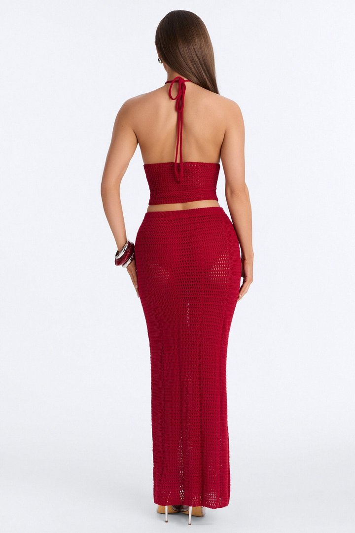 Sadie Floral Crochet Maxi Skirt Set - DarkRed