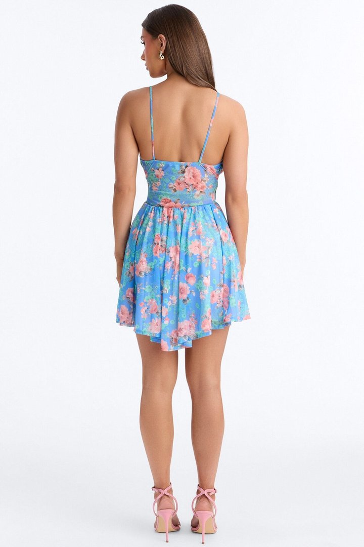 Sidney Floral Mesh Mini Dress - Blue/combo