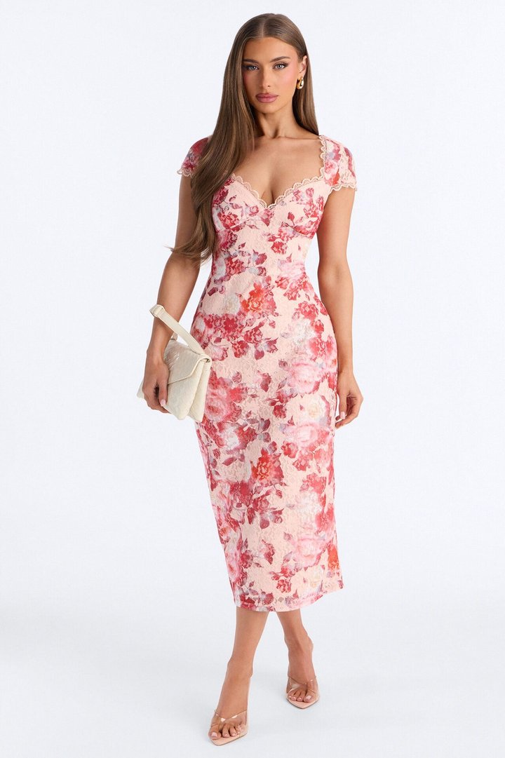 Charlotte Floral Lace Midi Dress - Red/combo