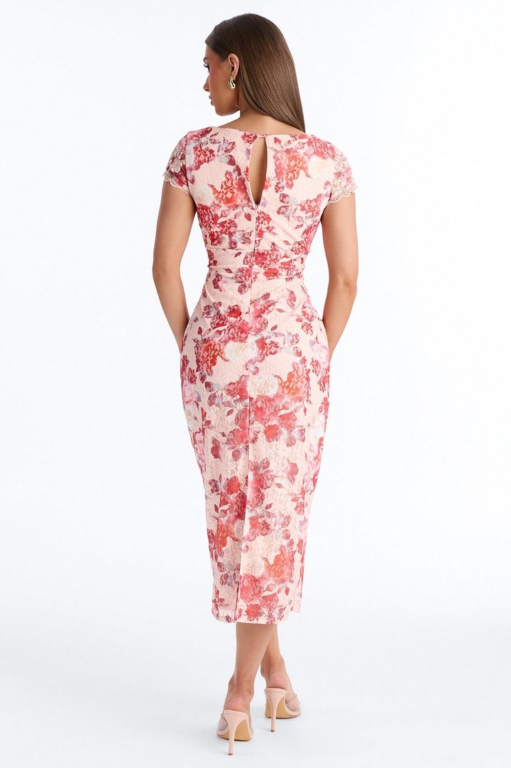 Charlotte Floral Lace Midi Dress - Red/combo