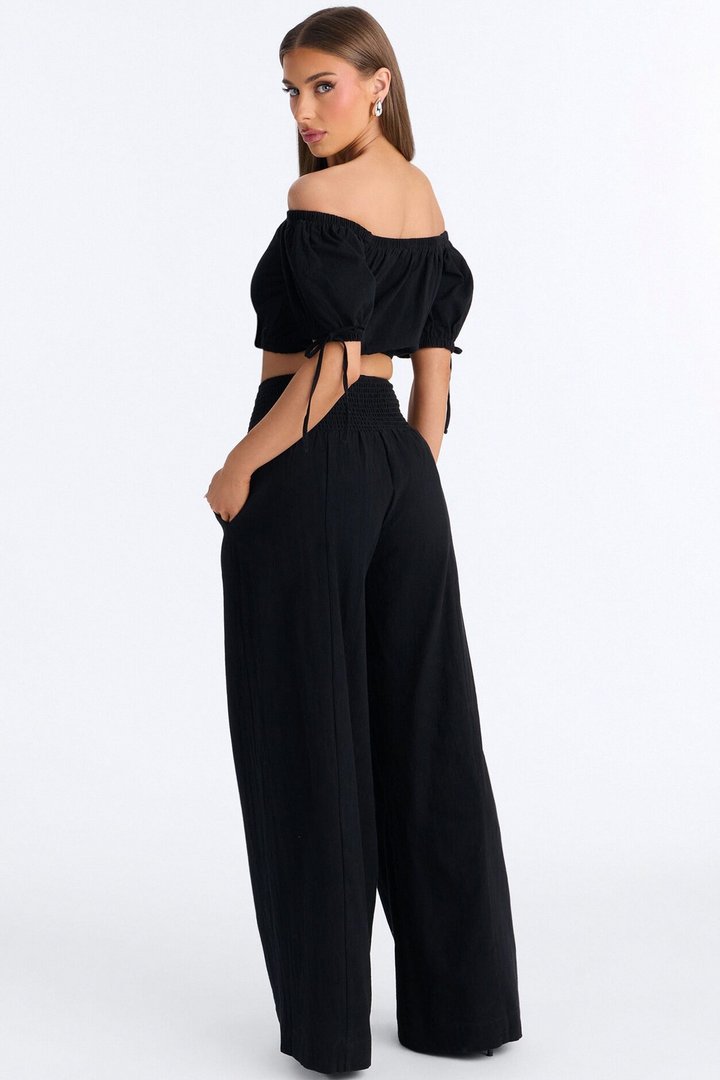 Chrissie Linen Smocked Pant Set - Black