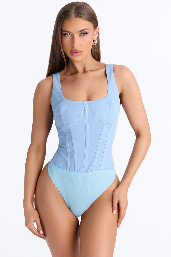 Ivy Draped Linen Bodysuit Skirt Set - Blue