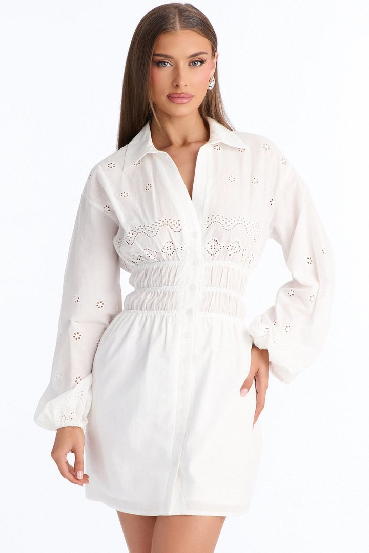 Elsie Long Sleeve Eyelet Mini Dress - White