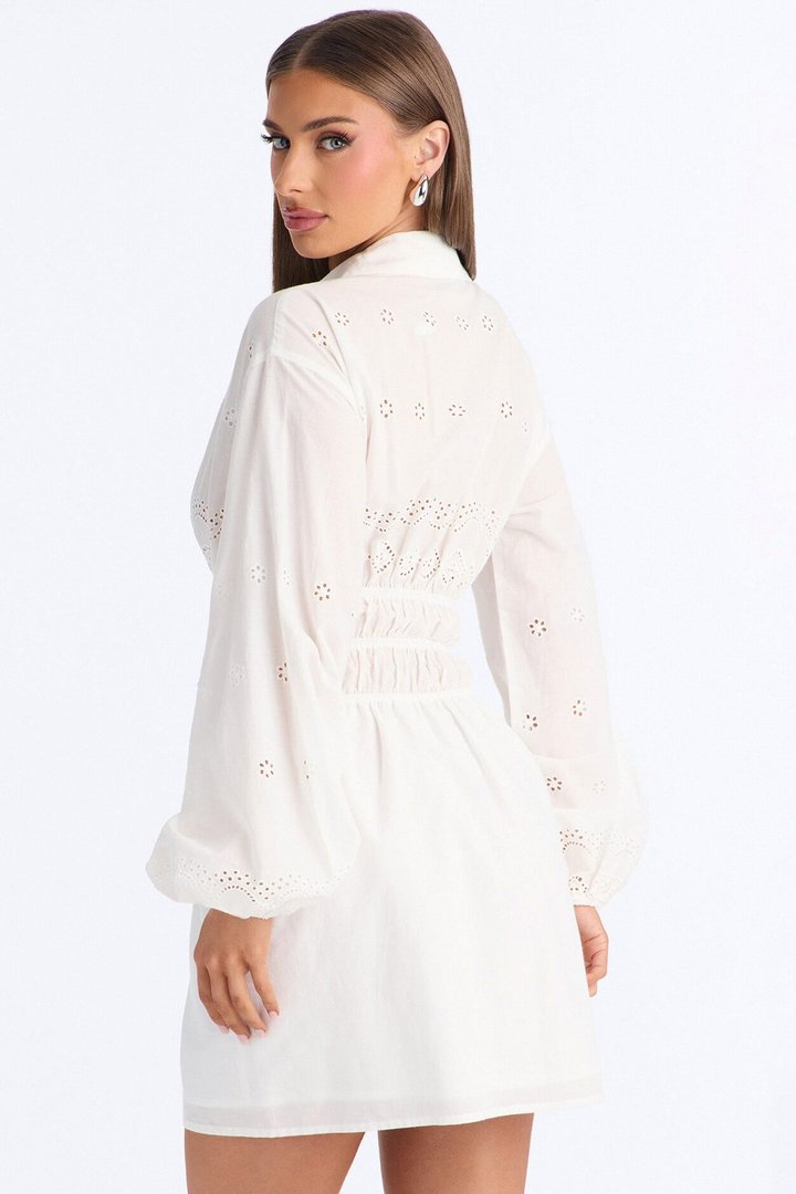 Elsie Long Sleeve Eyelet Mini Dress - White