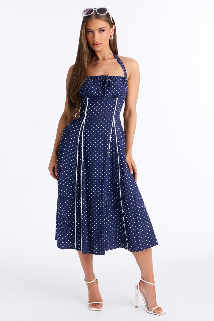 Heidi Polka Dot Linen Midi Dress - Navy/combo