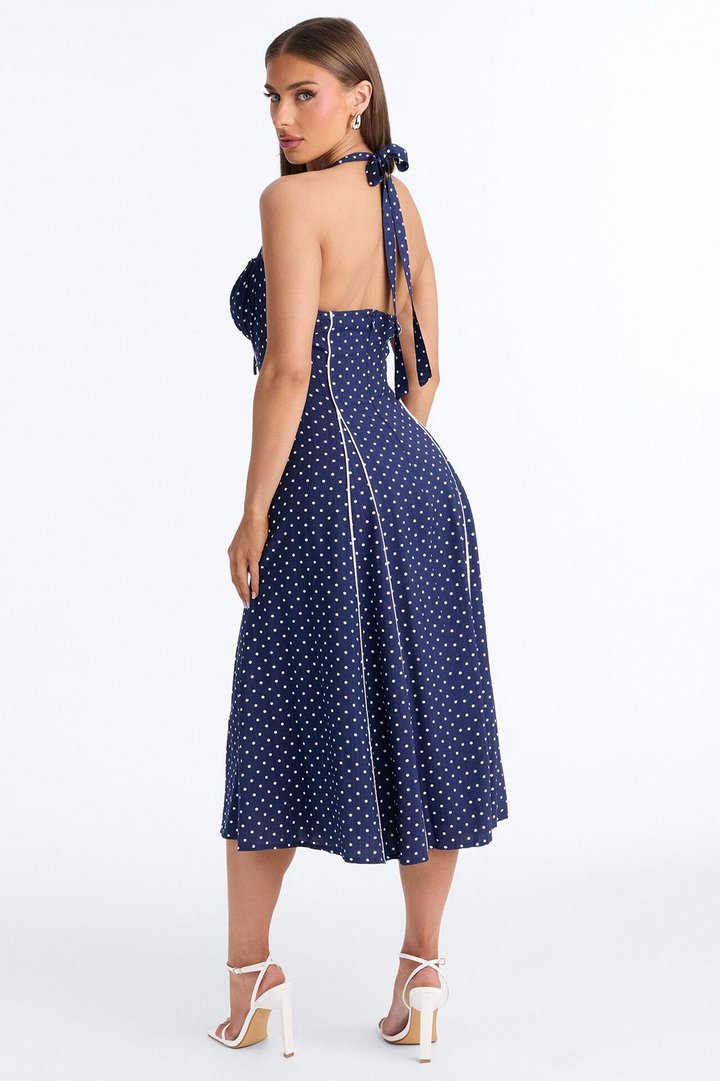 Heidi Polka Dot Linen Midi Dress - Navy/combo