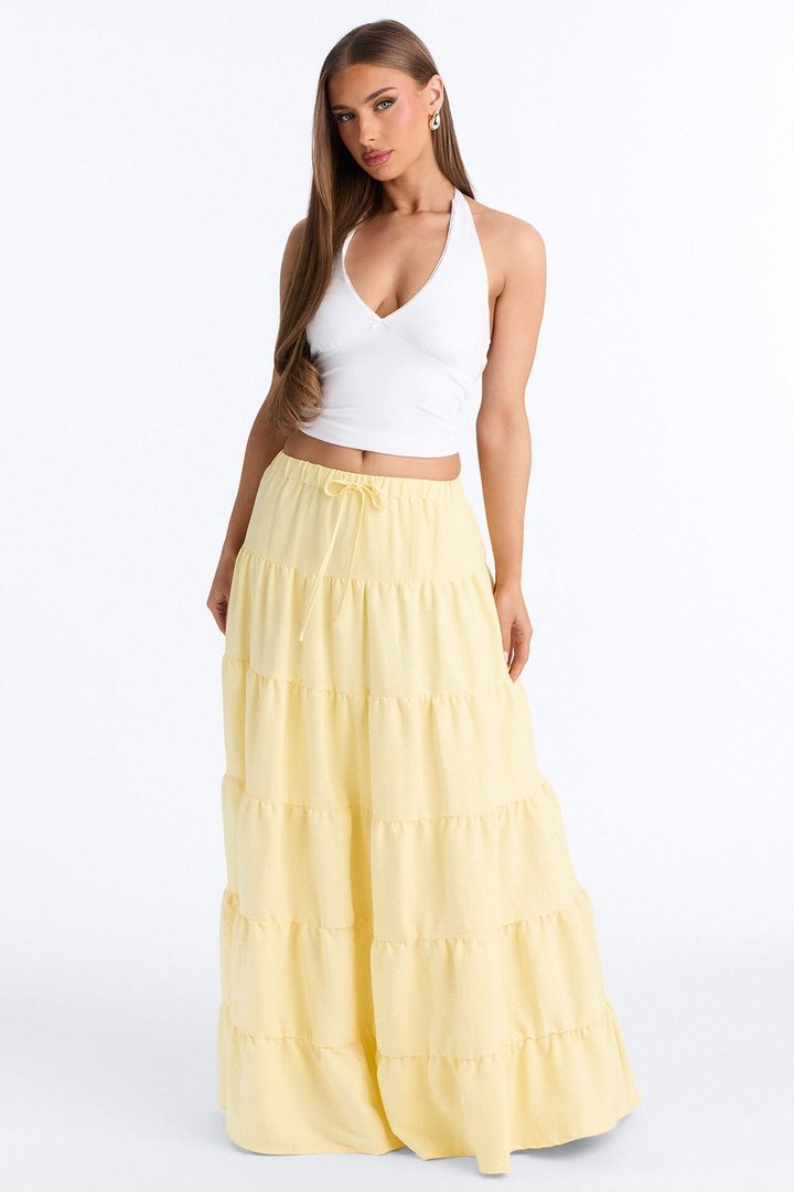 Aza Low Rise Tiered Maxi Skirt - Butter Yellow