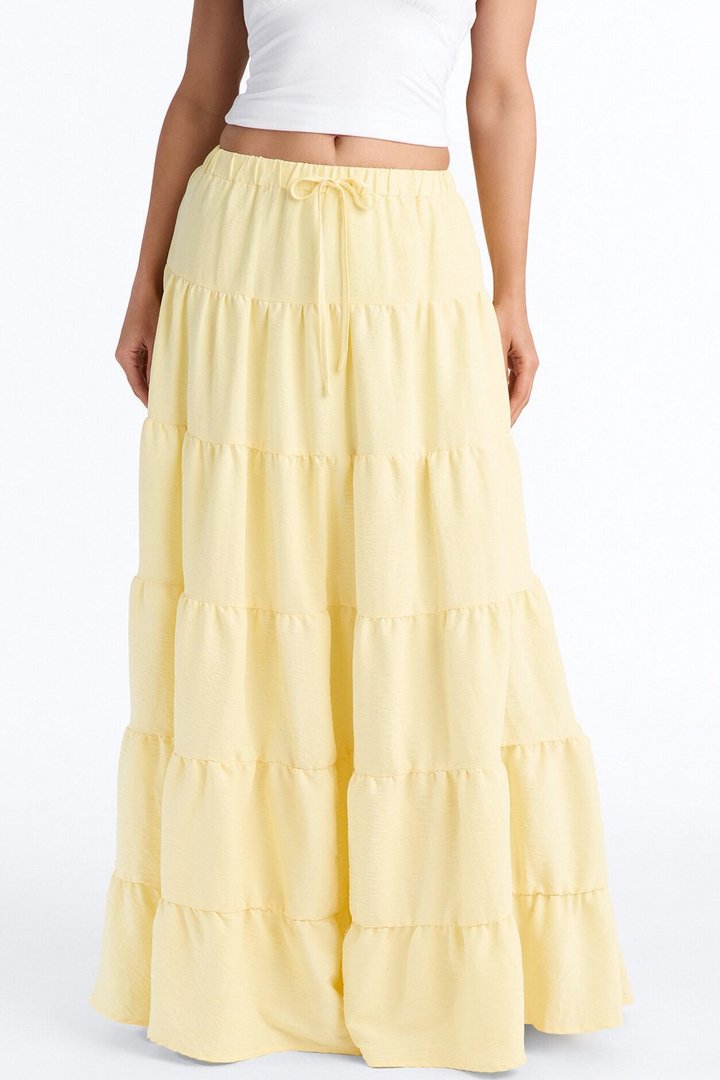 Aza Low Rise Tiered Maxi Skirt - Butter Yellow