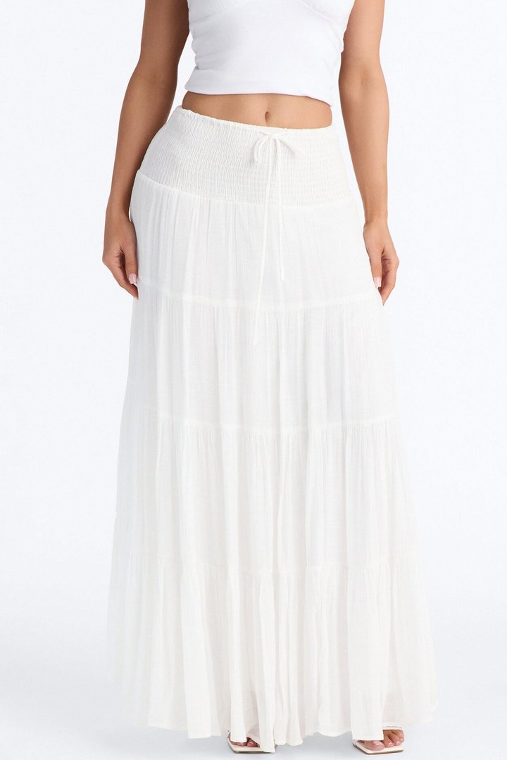 California Coast Low Rise Smocked Gauze Maxi Skirt - White