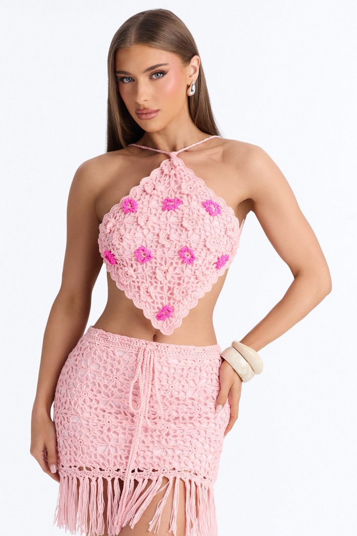 Floral Fringe Crochet Skirt Set - Pink
