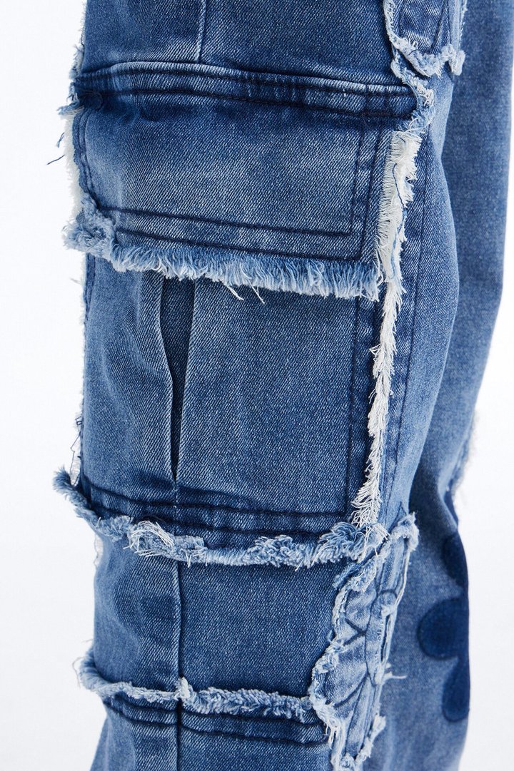 Mini Flower Power Cargo Jeans - Medium Wash
