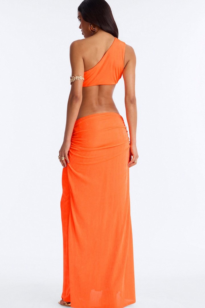 Hibiscus Honey Cut Out Slinky Maxi Dress - Neon Orange