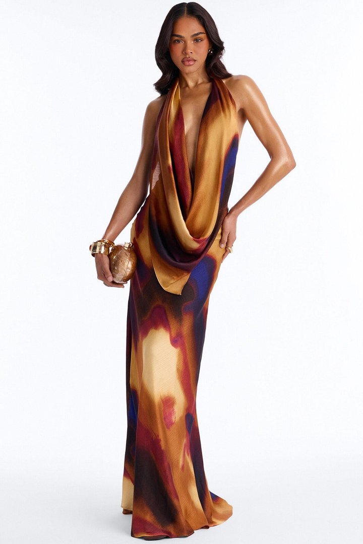 Heat Check Cowl Neck Satin Maxi Dress - Plum/Multi
