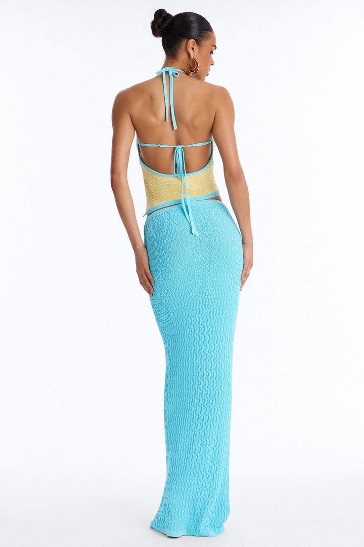 Makayla Crochet Halter Maxi Skirt Set - Aqua/Combo