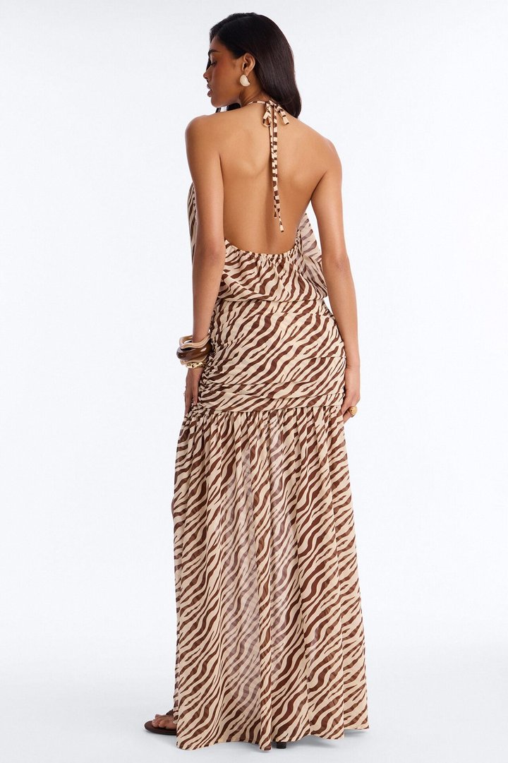 Wildcard Zebra Chiffon Cowl Neck Maxi Skirt Set - Brown Combo